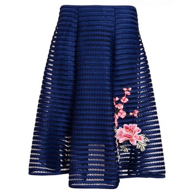 Navy and pink mesh ribbed embroidered midi skirt
